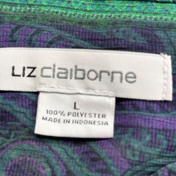 Liz Claiborne Top Womens L Green Blue Paisley Popover Blouse Sheer Silver Button - Picture 2 of 13
